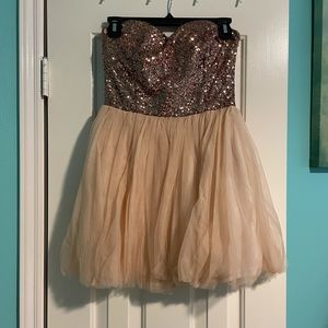 Beige with pink undertones. Sequin top formal dress.